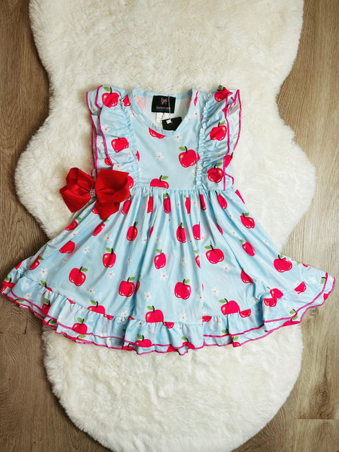 Bowtism Apple School Ruffled Dress with Matching Bow - Bowtism